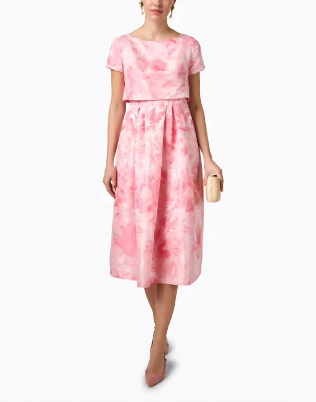 Floral Jacquard Popover Top Midi Dress In Coral Pink