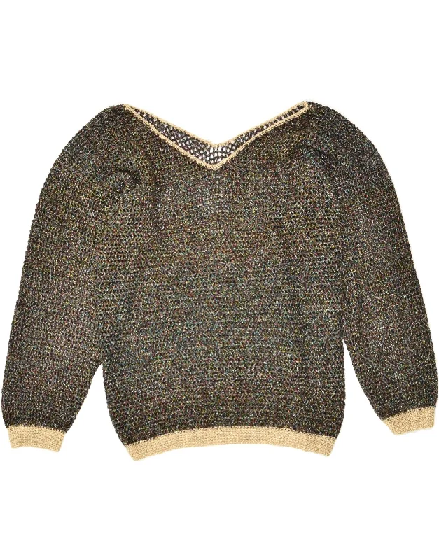 VINTAGE Womens Crop V-Neck Jumper Sweater UK 8 Small Multicoloured