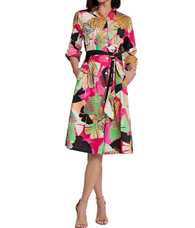 Three-Fourth Sleeve Dress In Gingko Multi