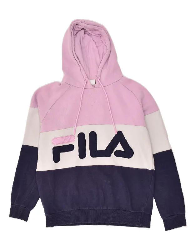 FILA Womens Graphic Hoodie Jumper UK 10 Small Pink Colourblock Cotton