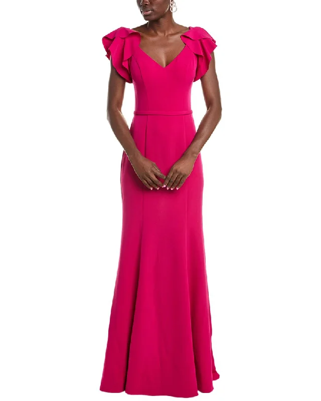 Rene Ruiz V-Neck Crepe Gown