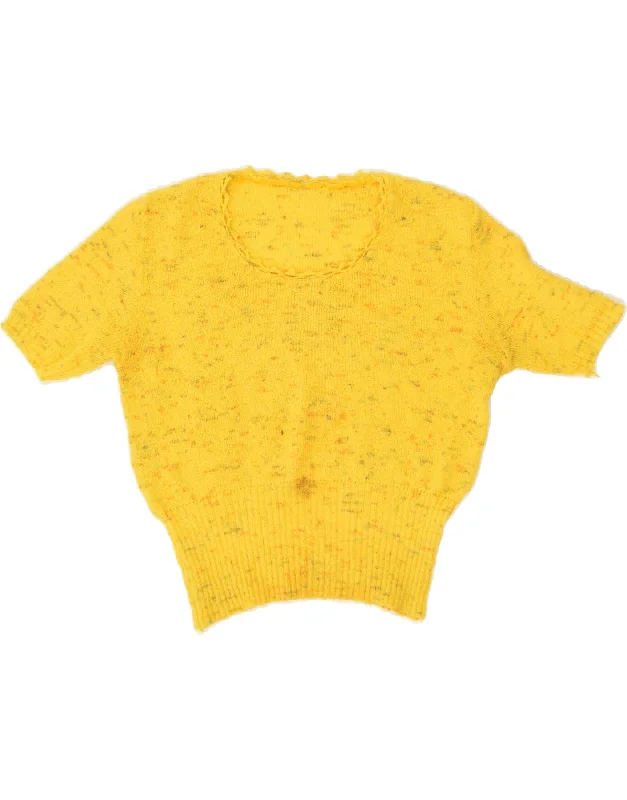 VINTAGE Womens Short Sleeve Crew Neck Jumper Sweater UK 10 Small Yellow