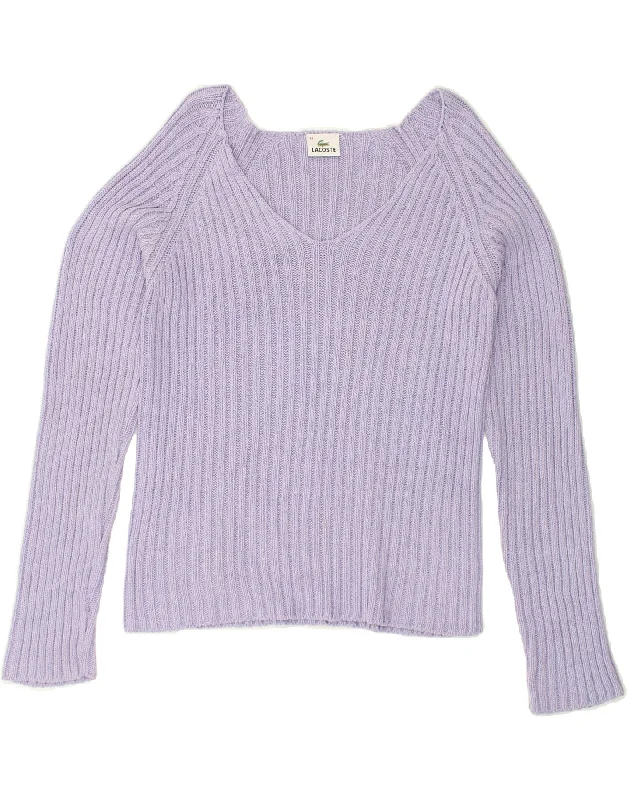 LACOSTE Womens V-Neck Jumper Sweater Size 44 Large Purple Cotton