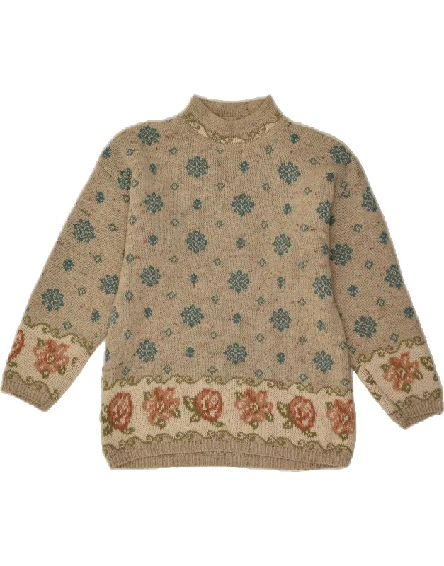 LEMON Womens Turtle Neck Jumper Sweater UK 12 Medium Beige Floral Wool