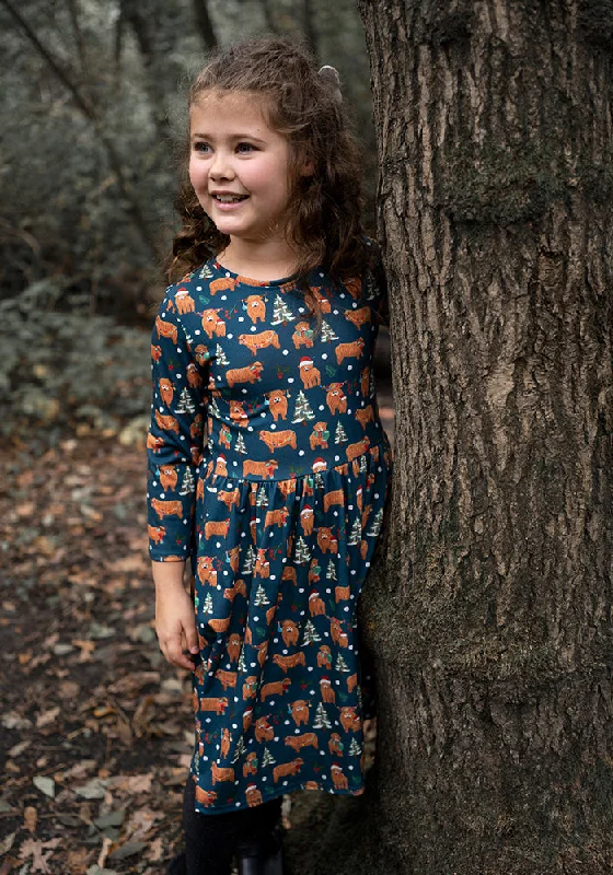 Children's Christmas Cows Print Dress (Chestnut)