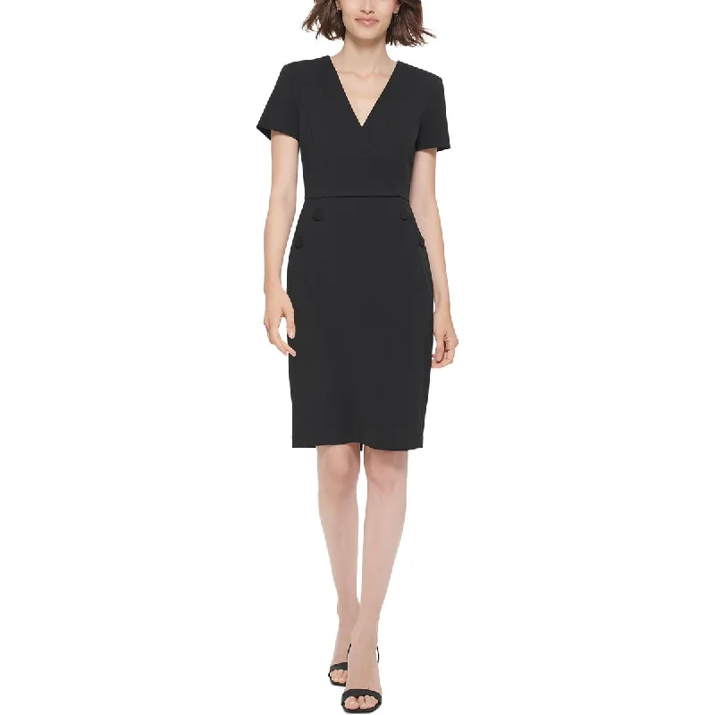 Petites Womens V-Neck Faux Wrap Sheath Dress