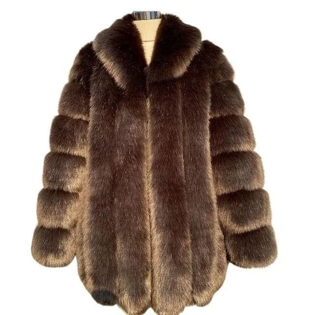 HQL Design Women's Fine Fashion Premium Quality Elegant Deep Brown Coffee Faux Fur Collar Coat