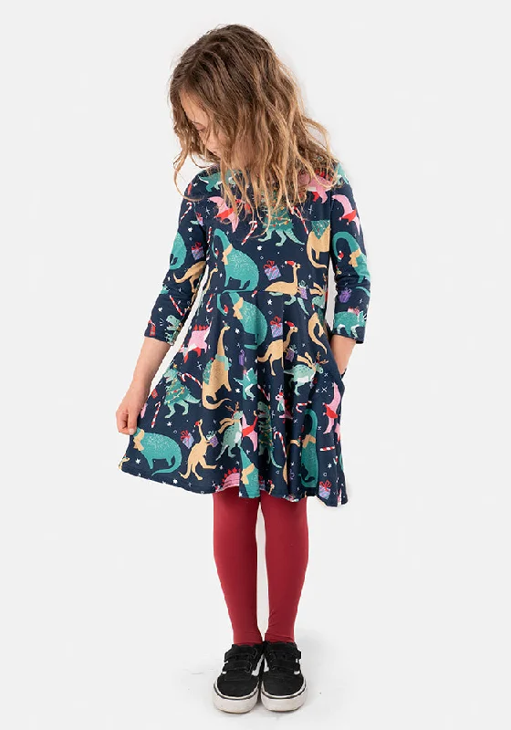 Children's Christmas Dinosaur Print Dress (Merryasaurus)