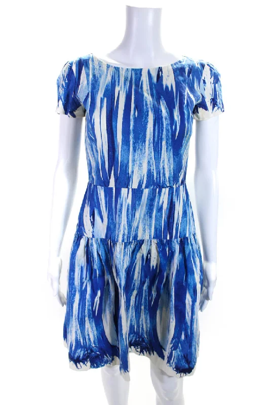 Oscar de la Renta Womens Short Sleeve Abstract Print A Line Dress Blue