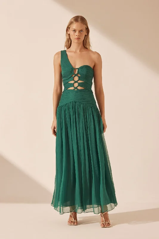 MARGOT ONE SHOULDER LACE UP MAXI DRESS - EVERGREEN