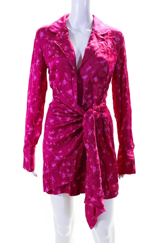 Acler Womens Fuschia Floral Print V-Neck Tie Front Long Sleeve Shift Dress