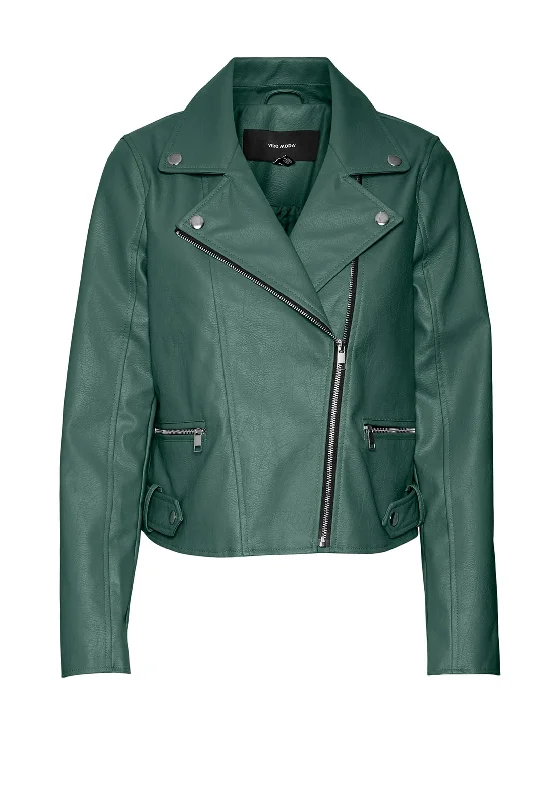 Vero Moda Nicole Leather Coated Biker Jacket, Dark Forest Green.