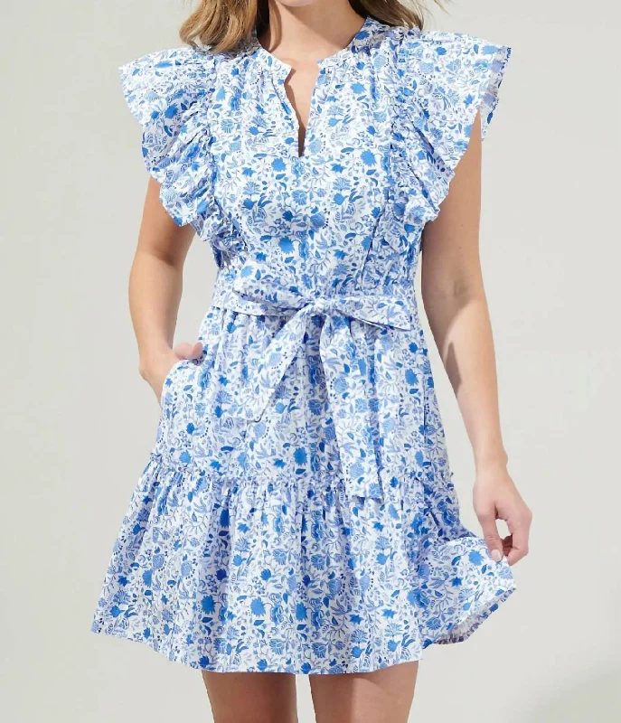 Luray Floral Ruffle Mini Dress In Blues White