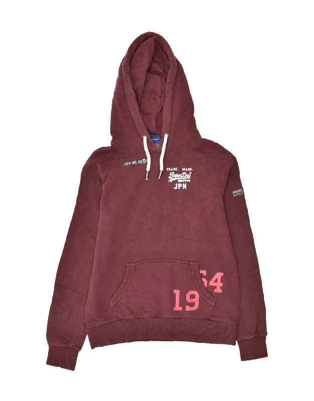 SUPERDRY Womens Graphic Hoodie Jumper UK 10 Small Maroon Cotton