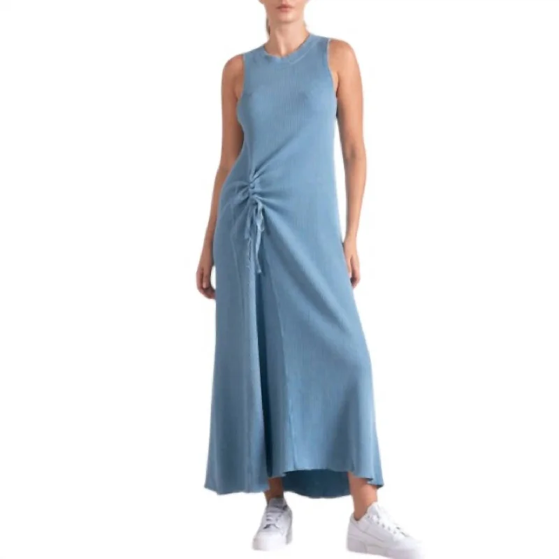 Waffle Knit Cinched Maxi Dress In Blue