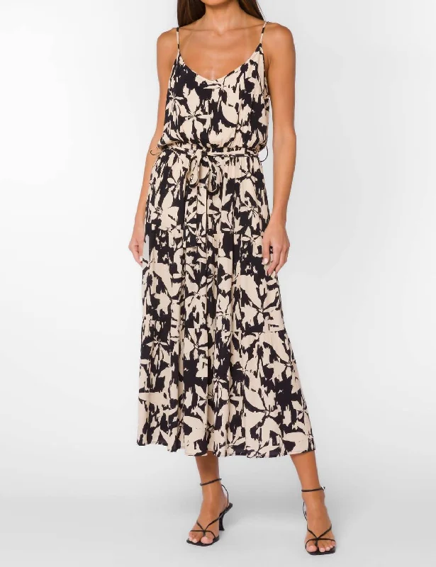 Barbados Floral Midi Dress In Black/cream