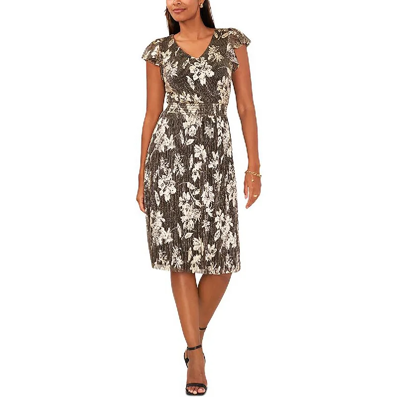 Petites Womens Metallic Floral Evening Dress