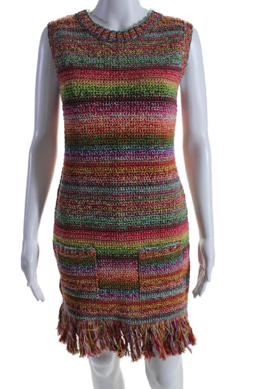 Oscar de la Renta Womens Crew Neck Crochet Knit Fringe Dress Multicolored