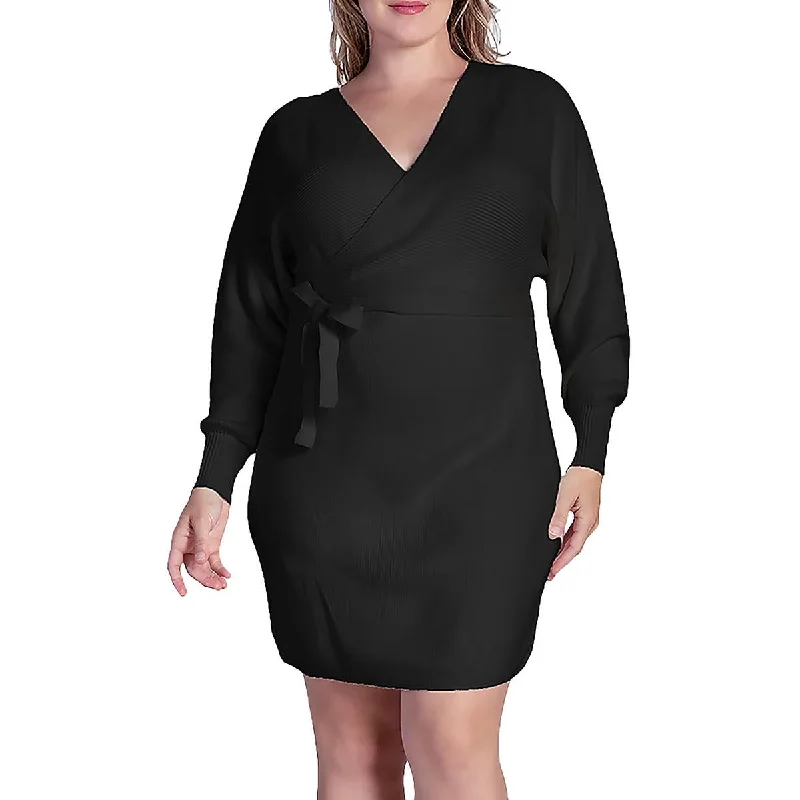 Plus Womens Belted Mini Sweaterdress