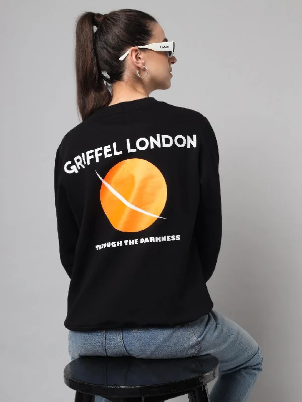 Griffel Women’s Printed Round Neck Black Cotton Fleece Full Sleeve Sweatshirt