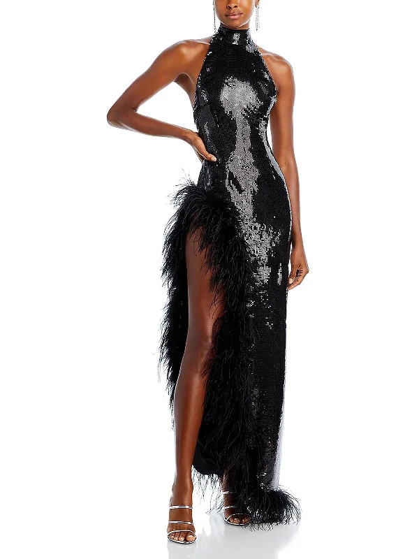 Vixen Womens Sequined Halter Evening Dress