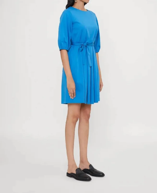 Jumbo Pleated Knit Jersey Dress With Tie In Ocean