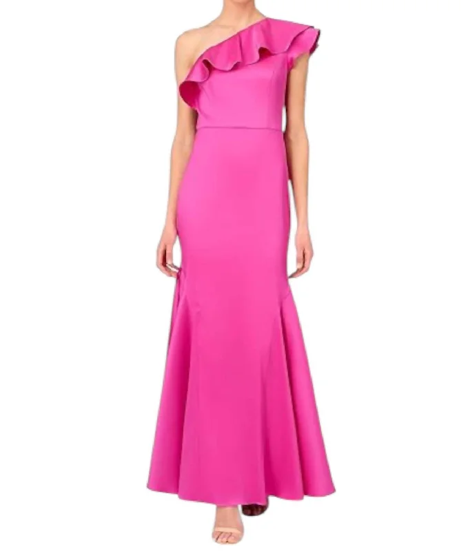 One Shoulder A-Line Gown In Magenta