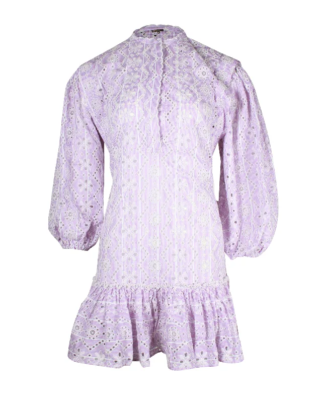 Maje Rosiry Eyelet Striped Mini Dress in Lilac Cotton