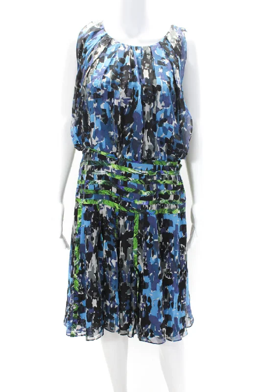 Oscar de la Renta Womens Chiffon Sleeveless A Line Dress Blue Green