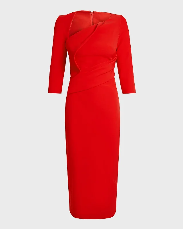 Duan Draped One-Shoulder 3/4-Sleeve Midi Cocktail Dress