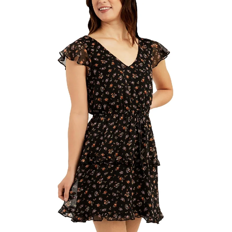 Juniors Womens Floral Print Draw String Waist Babydoll Dress