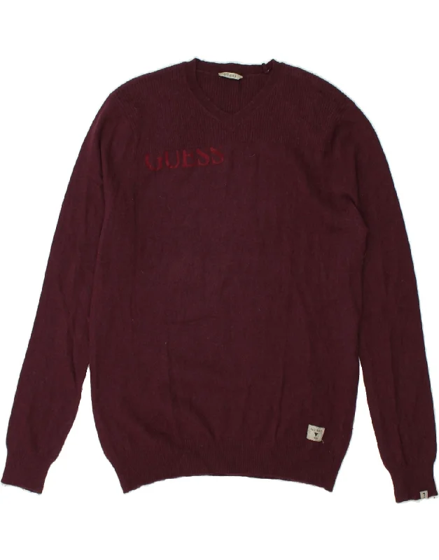 GUESS Womens V-Neck Jumper Sweater UK 18 XL Maroon Wool