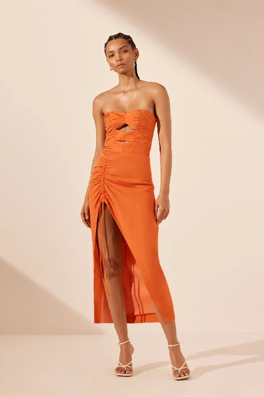 SOLLER STRAPLESS CUT OUT DRAWSTRING MIDI DRESS - TANGERINE