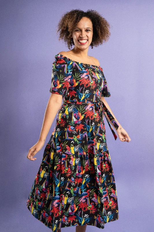 Jena Rainbow Parrots Print Tiered Hem Midi Dress