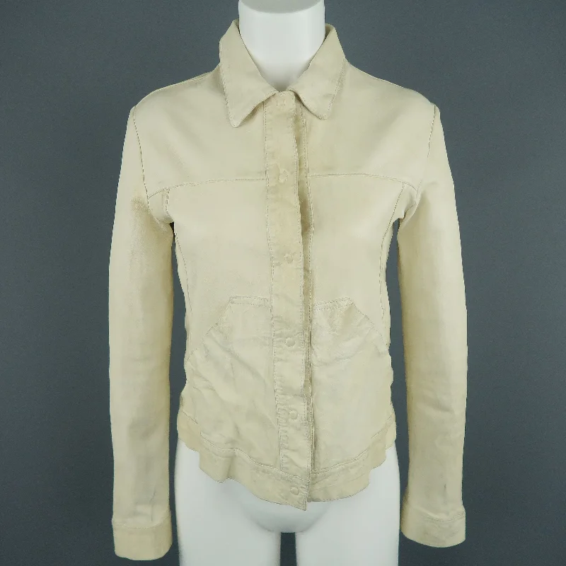 GIORGIO BRATO Size 4 Distressed Cream Leather Collared Jacket