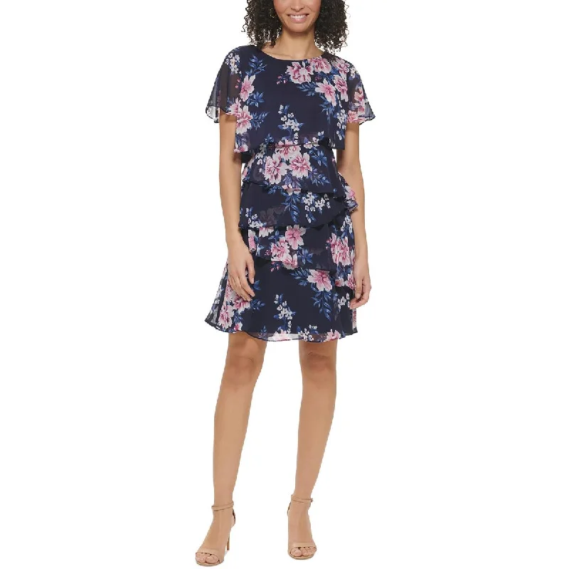 Petites Womens Floral Print Tiered Wear To Work Dress