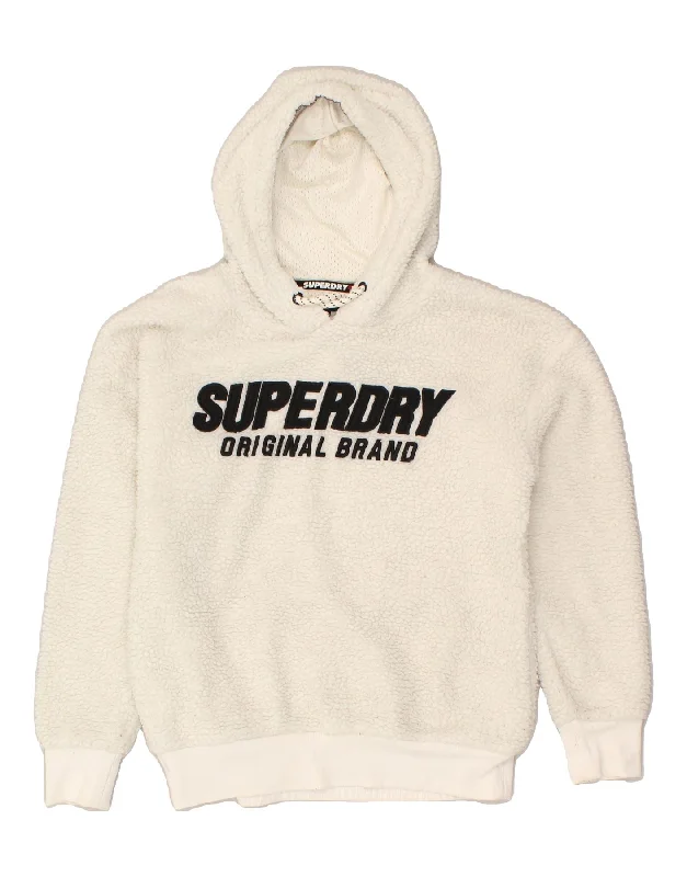 SUPERDRY Womens Hooded Fleece Jumper UK 12 Medium White Polyester