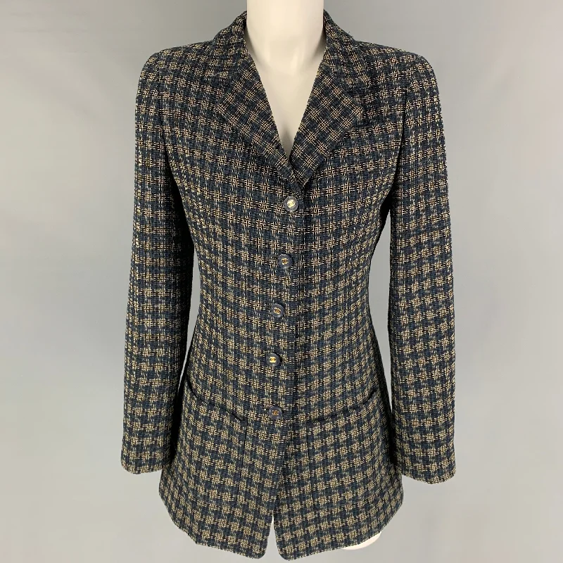 Vintage CHANEL Size 6 Navy Cream Wool Blend Checkered Jacket