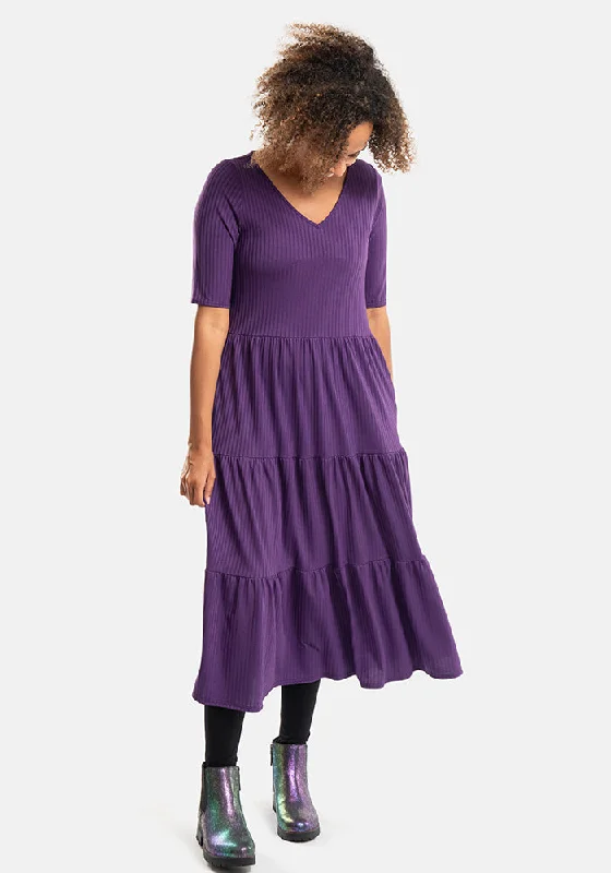 Arlet Plain Purple Tiered Hem Relaxed Fit Midi Dress