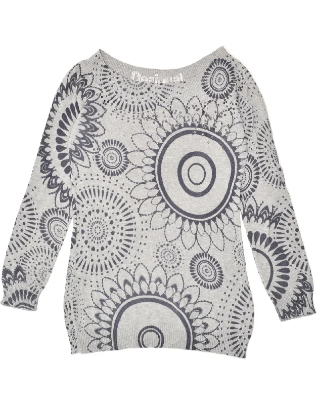 DESIGUAL Womens Graphic Boat Neck Jumper Sweater UK 14 Large Grey Floral