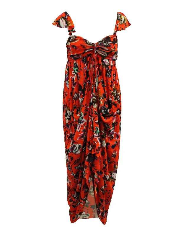 Diane Von Furstenberg Sweetheart Neckline Draped Floral Dress in Orange Nylon