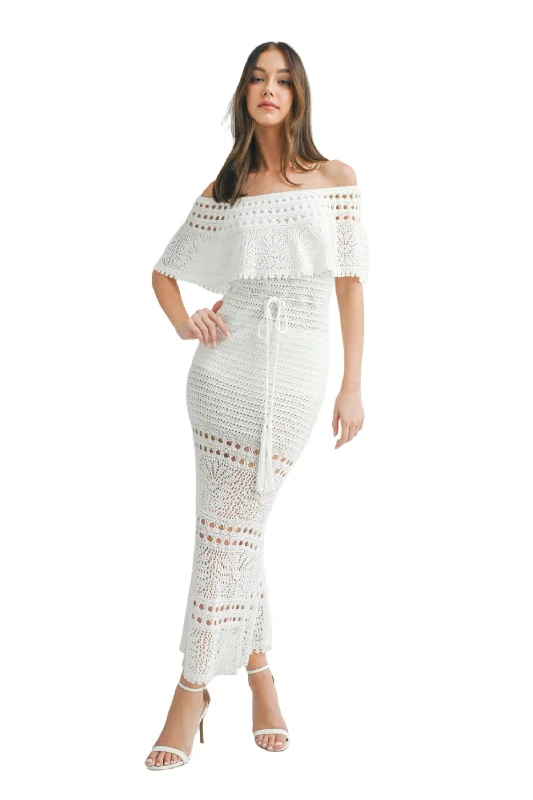 KNIT CROCHET OFF SHOULDER MAXI DRESS