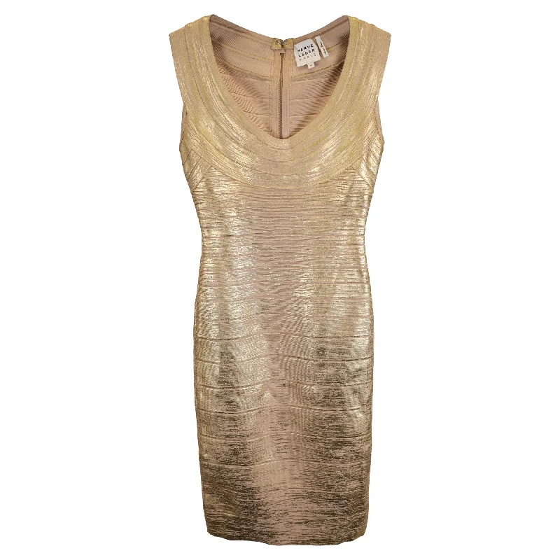 Herve Leger Mini Foil Accent Scoop Neck Bandage Dress in Metallic Gold Rayon