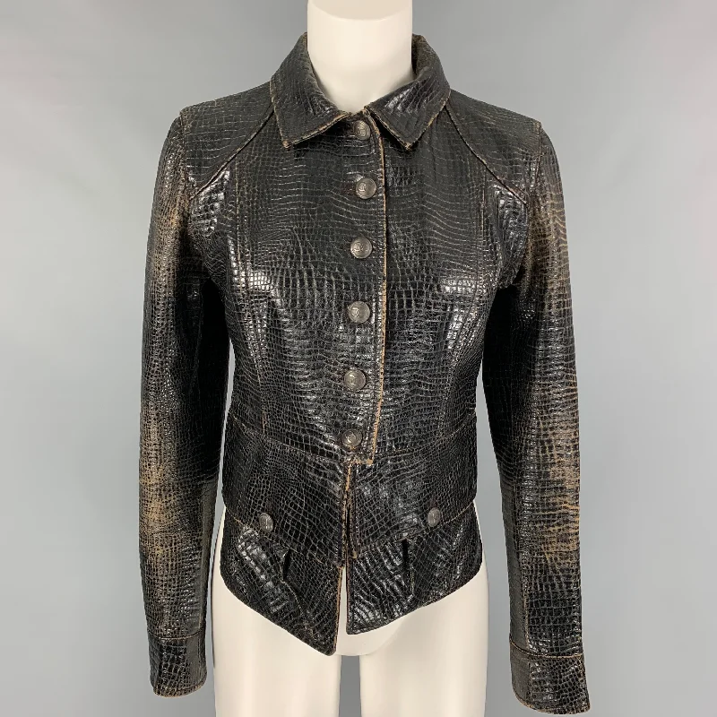 CHANEL 2003 Size 8 Black Distressed Embossed Biker Jacket