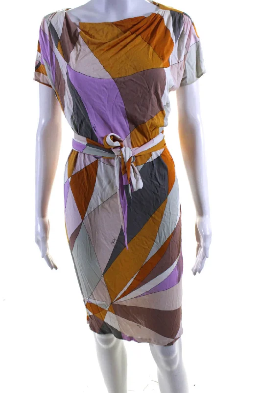 Emilio Pucci Womens Short Sleeve Abstract Belted Knit Dress Multicolored