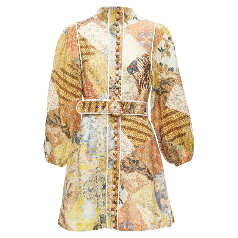 Zimmermann Brightside Linen Patchwork Ethnic Print Belted Dress