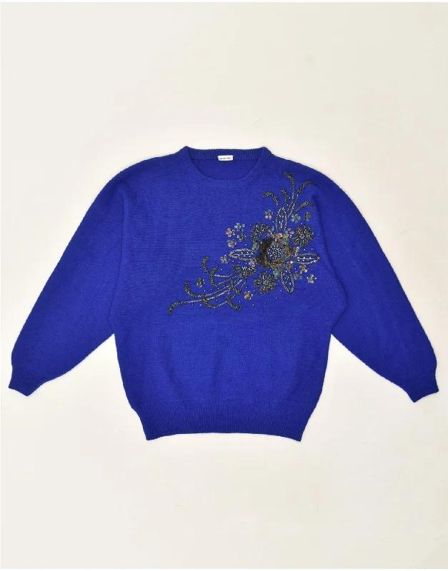 VINTAGE Womens Crew Neck Jumper Sweater One Size Blue Floral