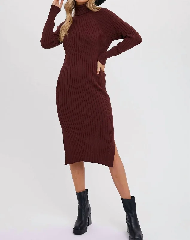 Turtleneck Ribbed Sweater Western Dress In Chocolate