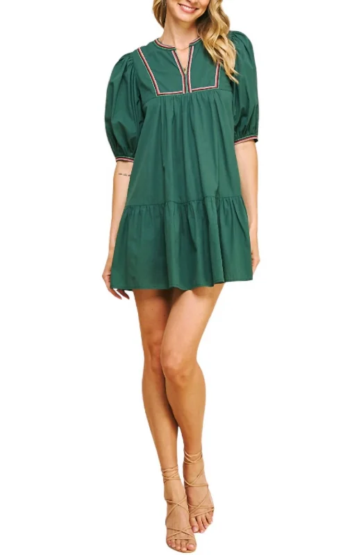 Tape Trim Detail Mini Dress In Hunter Green