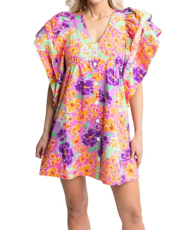 Garden Vneck Ruffle Dress In Floral Multi Color